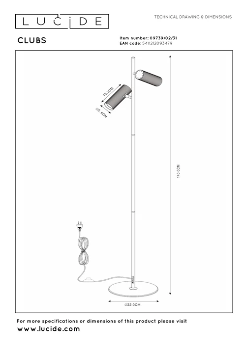 Lucide CLUBS - Vloerlamp - 2xGU10 - Wit - technisch